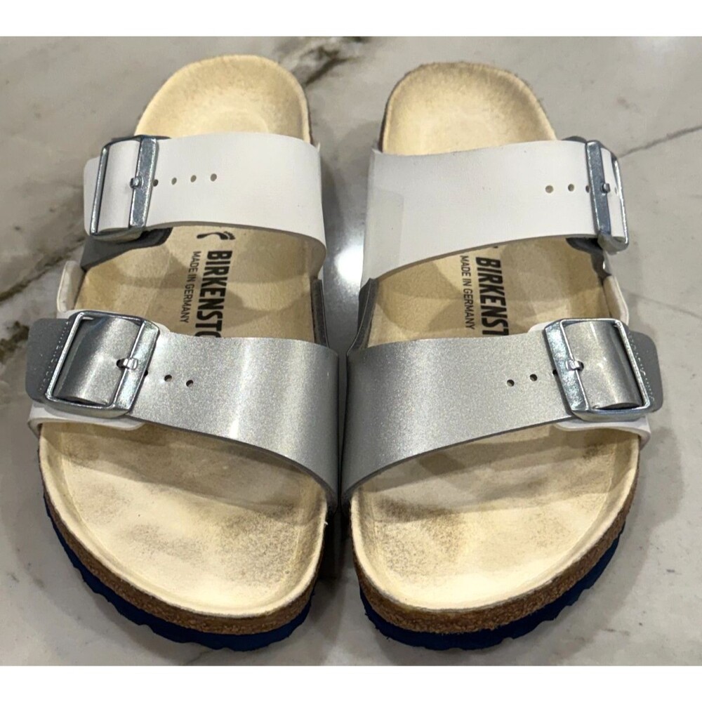 BIRKENSTOCK ARIZONA SPLIT WHITE/SILVER BIRKO-FLOR NARROW FIT SANDALS SIZE 40/9